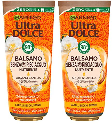 Garnier Ultra Doux Après-Shampoing Sans Rinçage Nourrissant pour Cheveux Secs et Ternes avec 98% D'Ingrédients D'Origine Naturelle aux Huiles Merveilleuses D'Argan et de Camélia - 2 Flacons de 200ml