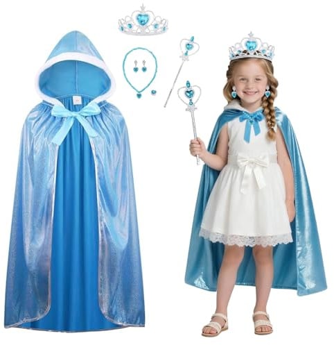 Prinzessinnenkostüme, Kapuzenumhang für Damen, Märchen-Kostüm, Umhang für Halloween, Weihnachten, Geburtstag, Welttag des Buches, inklusive Ohrringe, Halskette, Zepter, Krone und Ring, Blau, 140 cm
