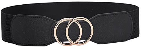 Weenkeey Damen Elastischer Taillengürtel Vintage Breiter Hüftgürtel Mode Cinch Gürtel mit Doppel Ring Schnalle für Kleid Hemden Mantel - Schwarz