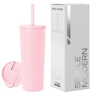Simple Modern Thermobecher mit Strohhalm und Deckel | Trinkbecher mit Henkel Wiederverwendbare Edelstahl | Geschenke für Frauen und Männer | Classic | 710ml | Blush
