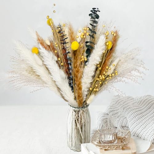 Natürliche Pampasgras Deko 65 Stück DIY Trockenblumen für Pampasgras Getrocknet Strauss, Ideal for Boho Wohnzimmer-Schlafzimmer-und Vasen Deko (73 Stück)