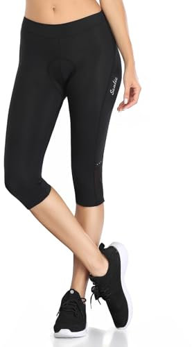 Santic Pantaloni da Ciclismo da Donna, Imbottiti, a 3/4, con Imbottitura Elastica e Traspirante, Nero, S