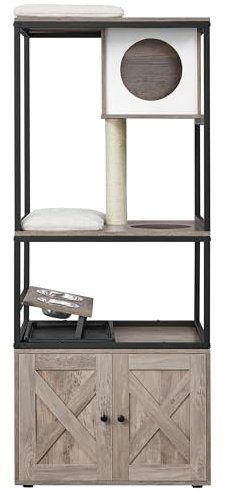 Feandrea Árbol para Gatos, Casa para Gatos con Mueble para Bandeja Higiénica, Soporte para Comedero Elevado, Tronco de Sisal, Cojines Lavables, Beige PCT312G01