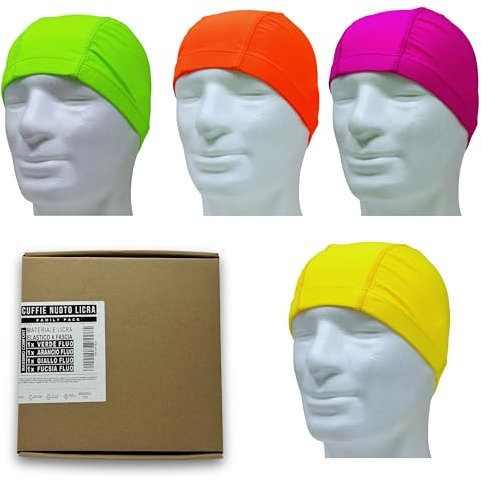Auriculares de natación profesionales de licra hipoalergénica - Sin látex - Gorro piscina licra unisex (flúo. verde - naranja - fucsia - amarillo, pack familiar (4 unidades)