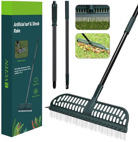 Evcitn Artificial Turf Rake, 43 to 63 Long Pole Turf rake - 18 Wide Garden Hand Broom Rake for Lawn, Synthetic Grass, Carpet, Shrub, Remove Leaves, Debris, Pet Hairs (Dark Light)