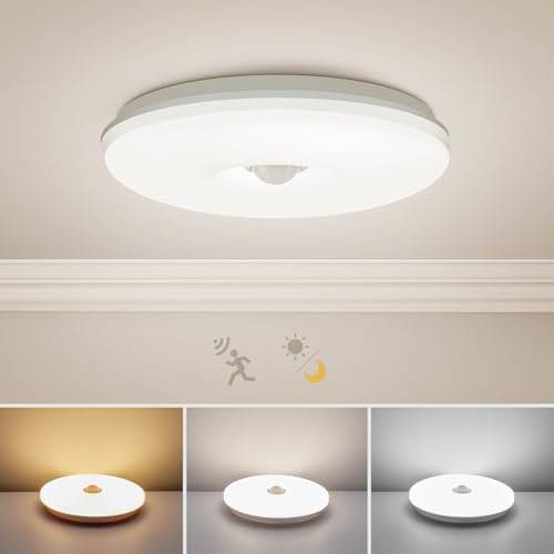 Combuh LED Deckenleuchte mit Bewegungsmelder und Dämmerungssensor, 15W 1200LM Ø15CM Flach Deckenlampe Bewegungsmelder, 3000K~6000K IP56 Ultra Dünn Rund Lampen Deckenlampen für Flur Keller Treppe