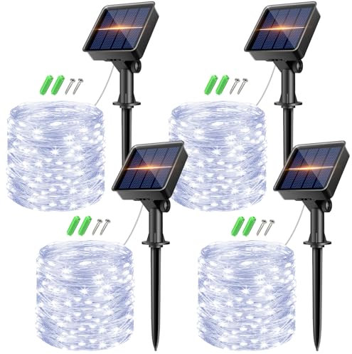 kolpop Solar Lichterkette Aussen, 4 Stück 8 Modi Lichterkette Außen Solar, Solarlichterkette IP65 Wetterfest, Kupferdraht Lichterkette für Garten,Terrasse,Balkon,Hochzeit,Weihnachten Deko, Kaltweiß