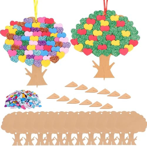 HuaMuDM 12 Herz Baum Bastelsets, Schaumstoff Aufkleber Kreativsets zum Basteln, Liebesherz Baum Moosgummi Dekoration Bastelset, Kinder DIY Geburtstag Handwerk