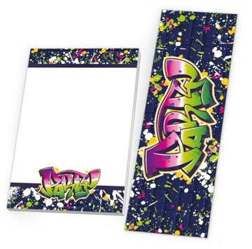 Junapack 12 Lesezeichen + 12 Mini-Notizblöcke (A7-Format) Mitgebsel für Kindergeburtstag Gastgeschenke für Jungen Mädchen Graffiti neon