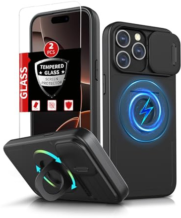 FRLMOOES for iPhone 16 Pro Case Magnetic,with Kickstand Ring + Camera Cover | Compatible with MagSafe Wireless Charging,with 2 Screen Protectors,Anti-Scratch Shockproof Heavy Duty Protection Phone,Black