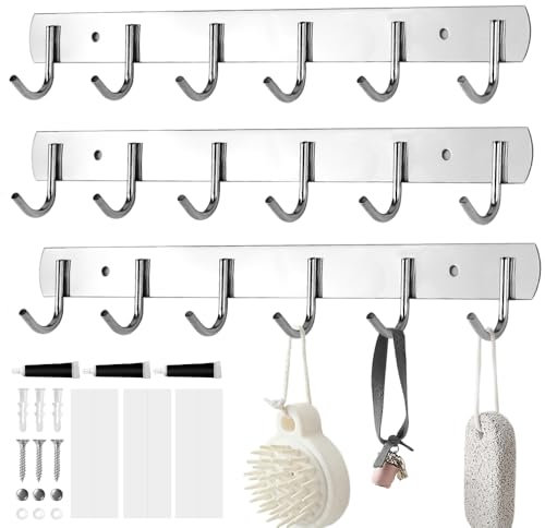 HWSWSH 3 Pcs Barre de Cuisine 6 Crochets en Aluminium, Barre Ustensiles Cuisine Mural avec Accessoires de Montage, Support d'Ustensiles de Cuisine pour Salon, Clés, Manteau, Clés, Echarpe, Parapluies