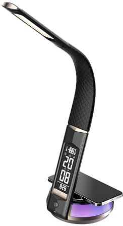 i-Smt LED Table/Desk Lamp with Wireless Charging, Eye Protection with 9 Lighting Mode, Display of Calendar, Time, Alarm and Temperature, Adjustable gooseneck Arm, Base with Neon