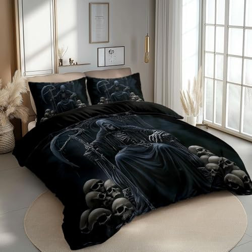 Bettbezug 155 X 220 cm Bettwäsche-Sets Grau Weißbettbezug 3Teilig Mit 2 Kissenbezüge 80X80 cm Bettwäsche Warm Mit Reißverschlussdunkel Tod Totenkopf Muster