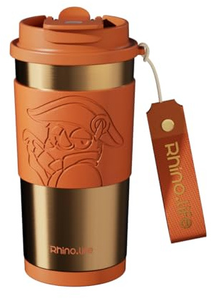RhinoLife Coffee Travel Mug with Straw & Flip Lid, Insulated Tumbler Cup with Ceramic Coating, Double Wall Vacuum Leak-Proof Thermos Mug for Office School Party & Camping (Silver+Crown)
