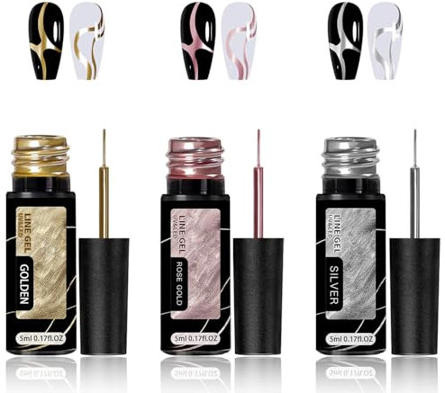 3pcs Chrome Nail Polish Set – Metallic Shine UV Gel – Gold & Silver Colours – Ultra-Fine Brush for Nail Art Liner – 3D Chrome Gel for Layering and Design