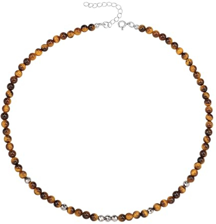 Unique Gems Damen Perlenkette kurz Tigerauge Ø 4mm rund Edelstein Choker 38cm Hämatit Perlen Halskette Juweliers- Qualität