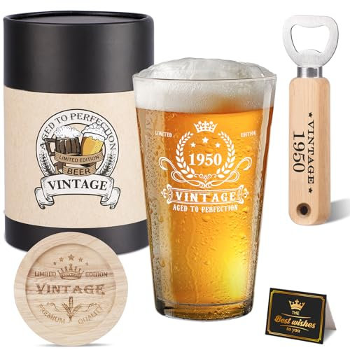 Geschenke zum 75 geburtstag mann, Vintage 1950 Bier Glas, Holz Flaschenöffner, Vintage Bier Geschenkbox, Holz Untersetzer und Grußkarte,geschenk 75 geburtstag für Männer