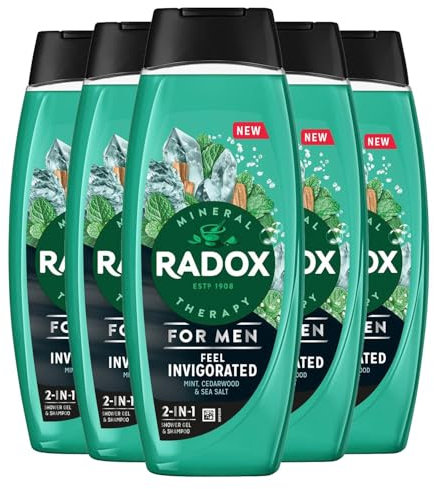 Radox Mineral Therapy 2-in-1 Shower Gel & Shampoo Feel Invigorated, Pack of 5, Men's Body Wash Enriched with Sea Salt 4 Minerals and 13 Herbs Cedarwood and Mint Scent, 450 ml