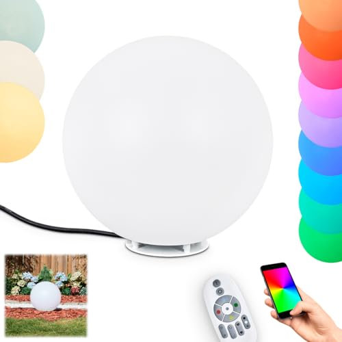 HOFSTEIN Kugelleuchte Ilorn, Kugellampe aus weißem Kunststoff, RGB Wegelampe Ø 30 cm mit Fernbedienung, CCT einstellbar 2700-6500, Farbwechsler, Außenleuchte für Garten, IP 65, E27 inkl., 60 Watt
