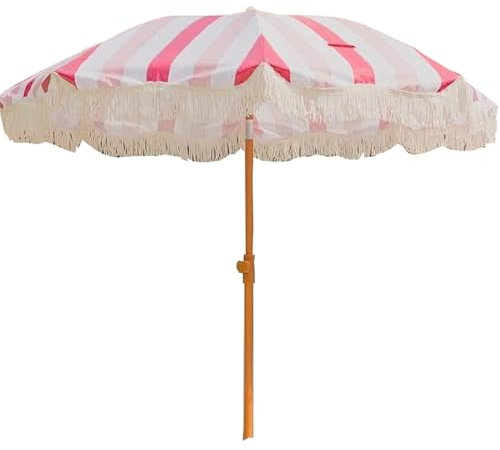 JTPMYFT Parasol de Plage à Pompon, Parapluie Coupe-Vent et Pluie, avec mât en Bois et Sac de Transport, Protection, idéal for Les Vacances en Plein air, Rose et Blanc