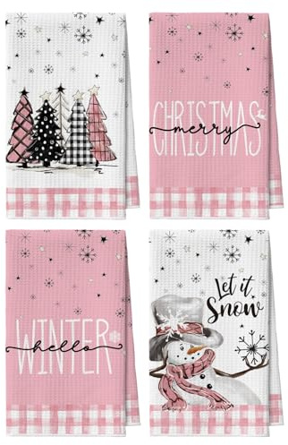 Artoid Mode Rosa Weiß Büffelkaro Schneemann Bäume Bar Weihnachten Küchentücher Geschirrtücher, 42x65 cm Mikrofaser Saugfähig Küchen Deko 4er Set