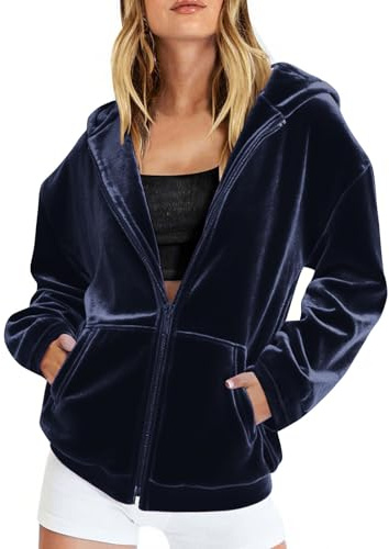 Zeiayuas Ladies Velvet Hoodies Zip up Oversized Winter Warm Fleece Coat Women Casual Loose Fit Jackets with Pockets Fuzzy Fluffy Hooded Sweatshirt Teddy Faux Fur Hoodies Blanket Navy