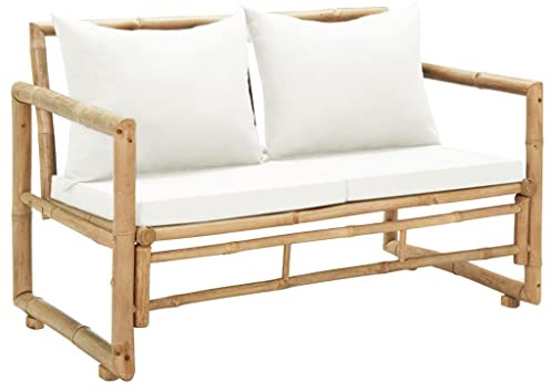 QJBSAVVA Bambus Sitzbank Outdoor mit Polstern 115 cm 2-Sitzer Gartenbank für Terrasse Balkon und Veranda Wetterfest & Bequem