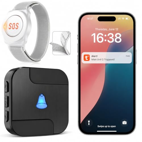 CallToU Tuya WiFi Personal alarms for elderly,Waterproof elderly alarm call button System with 1 Wrist button & Receiver - Connects to Phone,Ideal for Seniors Disabled Kids,only Supports 2.4GHz WiFi