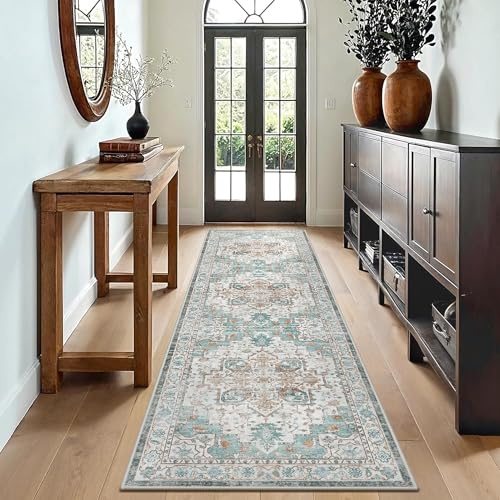 GENIMO Vintage Türkis Teppich Läufer Flur 80x300cm Teppichläufer Waschbar | Waschbarer Teppich, Weich Rutschfest, Kurzflor im Retro, für Eingangsbereich, Badezimmer Schlafzimmer,für Flur Carpet