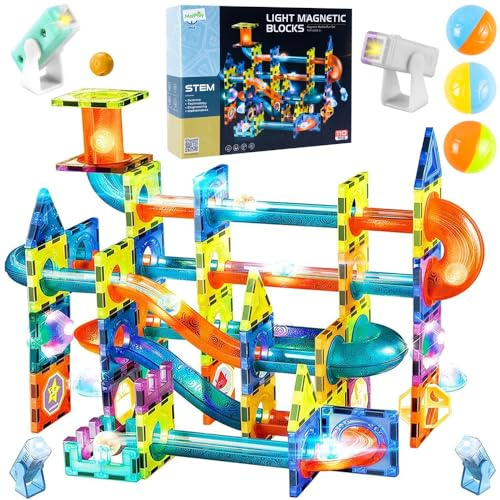MalPlay Magnetische Bauklötze Bausteine Leuchtende 3D Kugelbahn 110 Stück für Kinder ab 3 Jahren Geschenk
