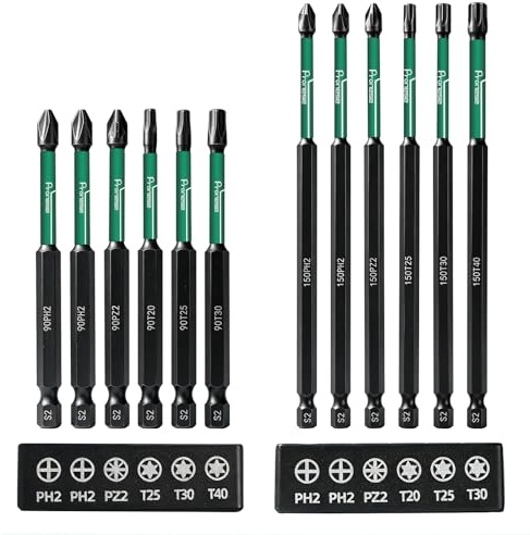 12 pcs 150 mm and 90 mm ph2 impact driver bits， long screwdriver bits， PZ2 & PH2 & T20 T25 T30 T40, Long S2 Steel Magnetic Drill Bits