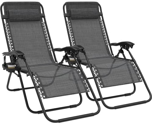 Ferzone Lot de 2 Chaise Longue Pliable, Bain de Soleil inclinable avec revêtement Textilene, Charge Max 120kg, transat Jardin extérieur avec Appui-tête et Porte-gobelet pour Camping Balcon–Noir
