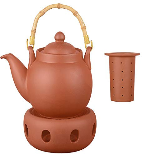 Aricola Ton Teekanne Tenno 0,8 Liter mit Tonsieb, Bambushenkel und Stövchen. Handgefertigt, Original