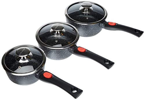 Kamberg Juego 3 Cacerolas 16 / 18 / 20 cm, mango extraíble, aluminio fundido, revestimiento piedra antiadherente, tapa de vidrio, todos los incendios, incluida la inducción, sin PFOA