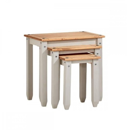 Home Source Solid Pine Wood Nest of Tables, Set of 3 for Living Room, Grey Finish