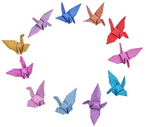 WANDIC Origami-Papier-Kraniche, handgefertigt, gefaltet, Origami-Papier, Girlande für Hochzeit, Party, Kulissen, Heimdekoration, Glitzer, gemischte Farben, 50 Stück