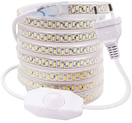 XUNATA 10m Regulable Tira LED, 5630 SMD 180leds/m, IP67 Impermeable, 220V Escalera de Techo Blancas Tira de LED Cocina Cable Luces Blanco frio