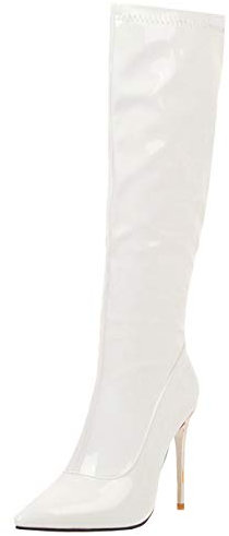 LUXMAX Stivali Alti Fino al Ginocchio Donna Tacco a Spillo Alto di Vernice a Punta Scarpe con Cerniera (Bianco) - 43 EU