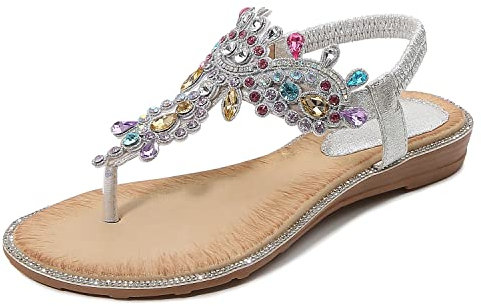 iCKER Women's Flat Sandals Ladies Thong Flat Sandals Bohemian Beaded Strap Sandals Diamante Rhinestone Leather Sandals, 7UK(label size 41), Silver PD01