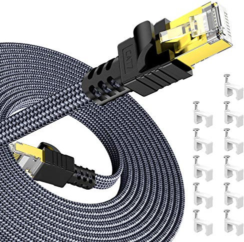 Snowkids 31m Cable de Red Ethernet cat7, Alta Velocidad 10Gbit/s 600MHz Cable Plano Trenzado de Nailon Chapado STP Cable Ethernet RJ45 para Router Modem Switch TV Box PC PS-4 Viene con 30 Clips Cable