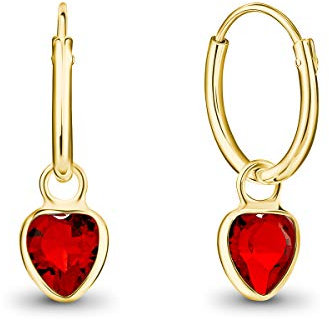 DTPsilver® KLEINE Creolen Ohrringe 925 Sterling Silber Gelb Vergoldet mit Swarovski® Elements Kristall Herz - Mädchen - Dicke 1.5 mm - Durchmesser 14 mm - Farbe : Light Siam Rot