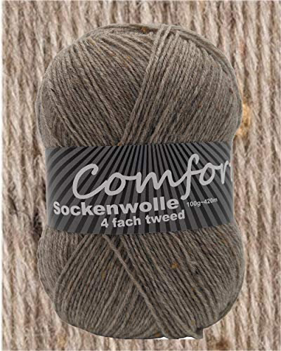 100gr Comfort Sockenwolle Strumpfwolle Tweed 4-fädig - 100gr Knäul - 420m Lauflänge - Nadelstärke 2,5-3,0mm-klassiche traditionelle Farben (mittellgrau 03)