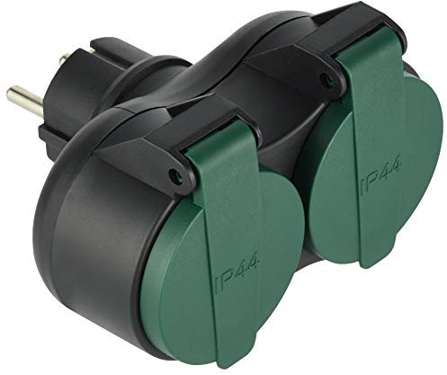 Electraline 531193 531195 Adaptateur Biplite d'extérieur résistant à l'eau IP44, fiche, multiprise 2 Prises Français avec Capuchon Vert