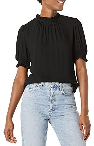 Amazon Essentials Blusa Chemisier Corta con Maniche A Sbuffo in Twill Fluido Donna, Nero, XL