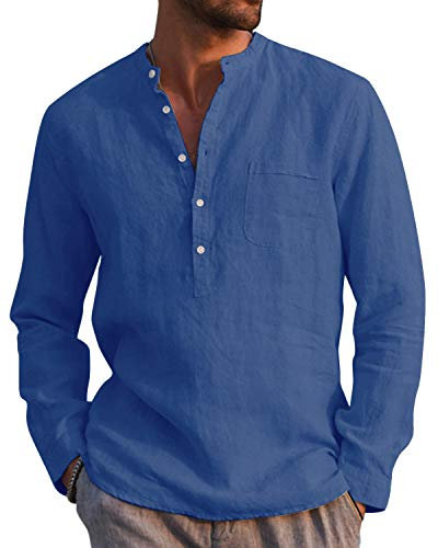 AUDATE Mens Linen Cotton Shirts Long Sleeve Button Down Cotton Summer Casual Tops Dark Blue 2XL