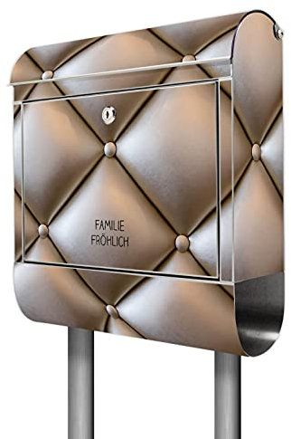 banjado® Briefkasten mit Standfuß personalisiert Motiv Polster Bronze - Stand Briefkasten Edelstahl mit Zeitungsfach - Postbox/Postkasten A4 Einwurf inkl. Montagematerial & 2 Schlüssel