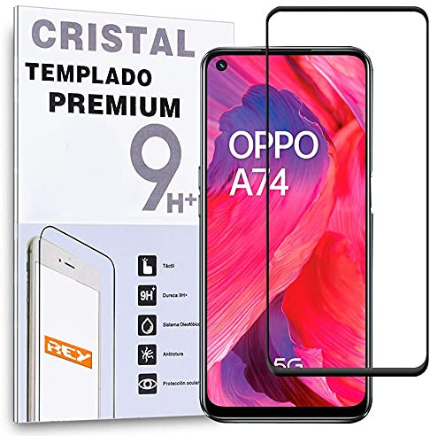 REY Protector de Pantalla Curvo para OPPO A74 5G, Negro, Cristal Vidrio Templado Premium, 3D / 4D / 5D, Anti Roturas