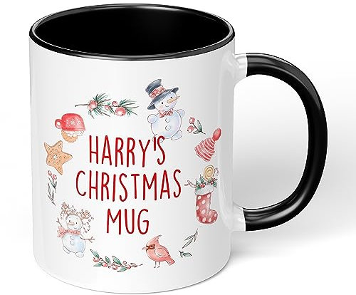 Print Maniacs Personalised Christmas Mug Hot Chocolate Tea Coffee Secret Santa Present Gift Xmas Colours Funny Novelty Snowman Wreath (Black Fill)
