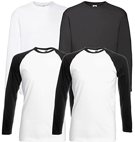 Fruit of the Loom 4 T Shirt Longsleeve Baseball T M L XL XXL Langarm (L, 2 Base Whiteblack + 1LS Weiss + 1LS Schwarz + 1 HLKauf Notizblock)