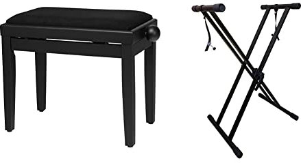 Classic Cantabile Banquette pour Piano (Noir, Dépoli), Bois Massif & Support pour Clavier pré-assemblé Double embase RockJam Xfinity avec Sangles de sécurité